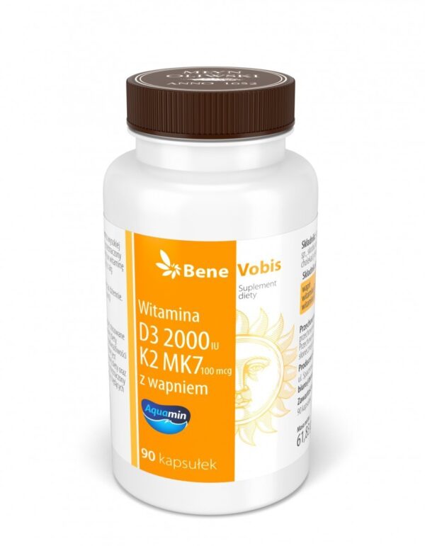Bene Vobis - Witamina D3 2000IU + K2 MK-7 100mcg z wapniem - 90 kapsułek